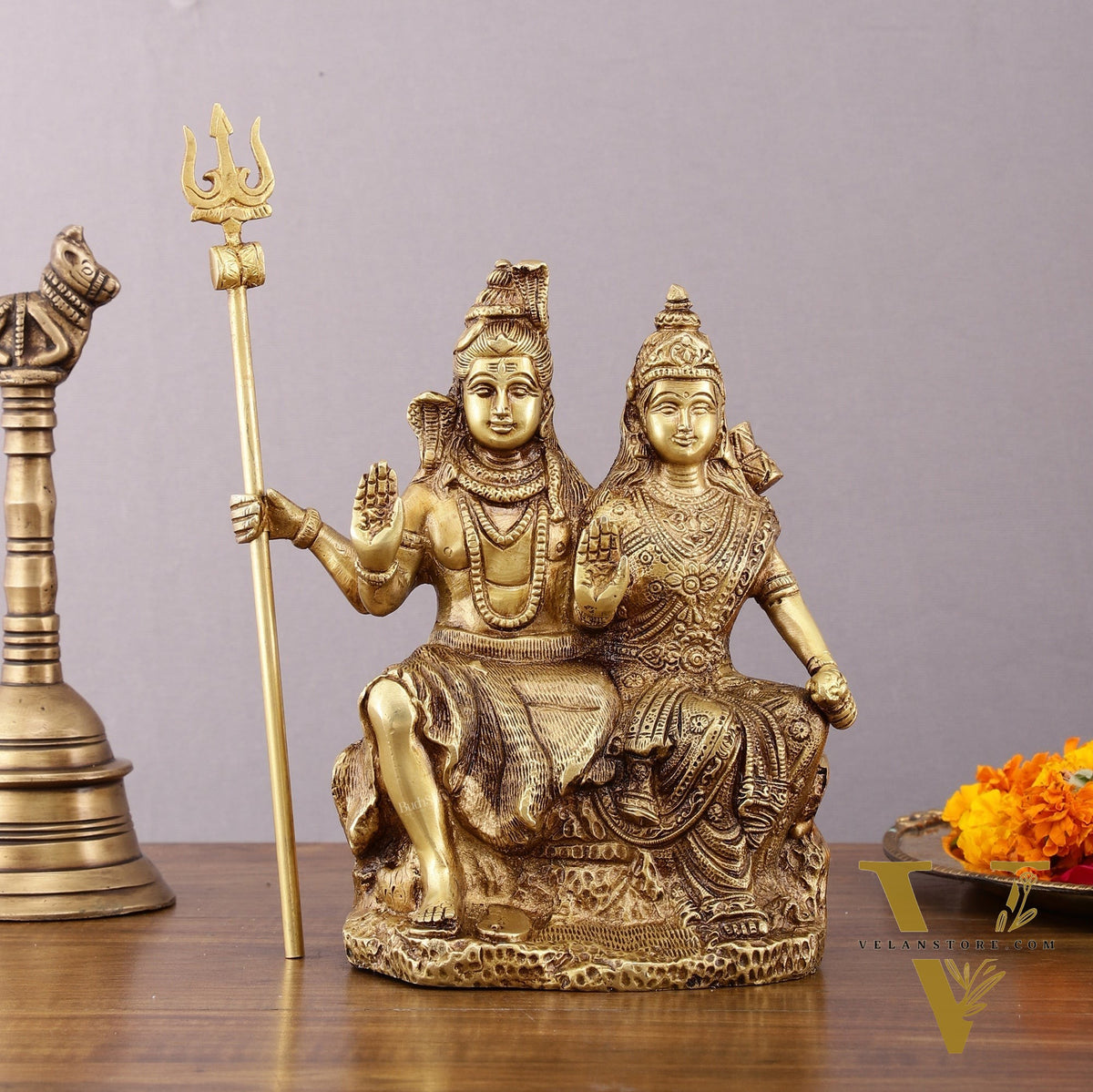 Brass Seated Shiv Parvati Idol – 9 inch matte finish