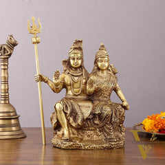 Brass Seated Shiv Parvati Idol – 9 inch matte finish
