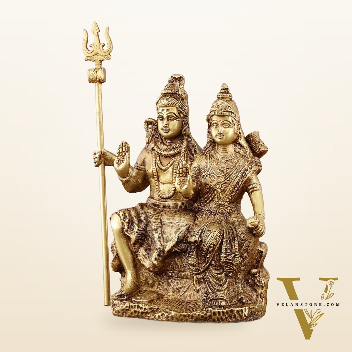 Brass Seated Shiv Parvati Idol – 9 inch matte finish
