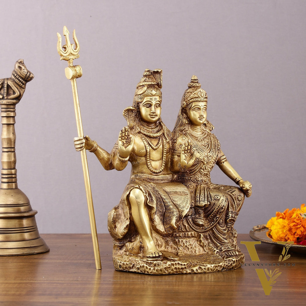 Brass Seated Shiv Parvati Idol – 9 inch matte finish