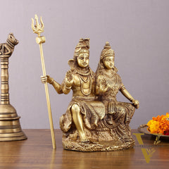 Brass Seated Shiv Parvati Idol – 9 inch matte finish