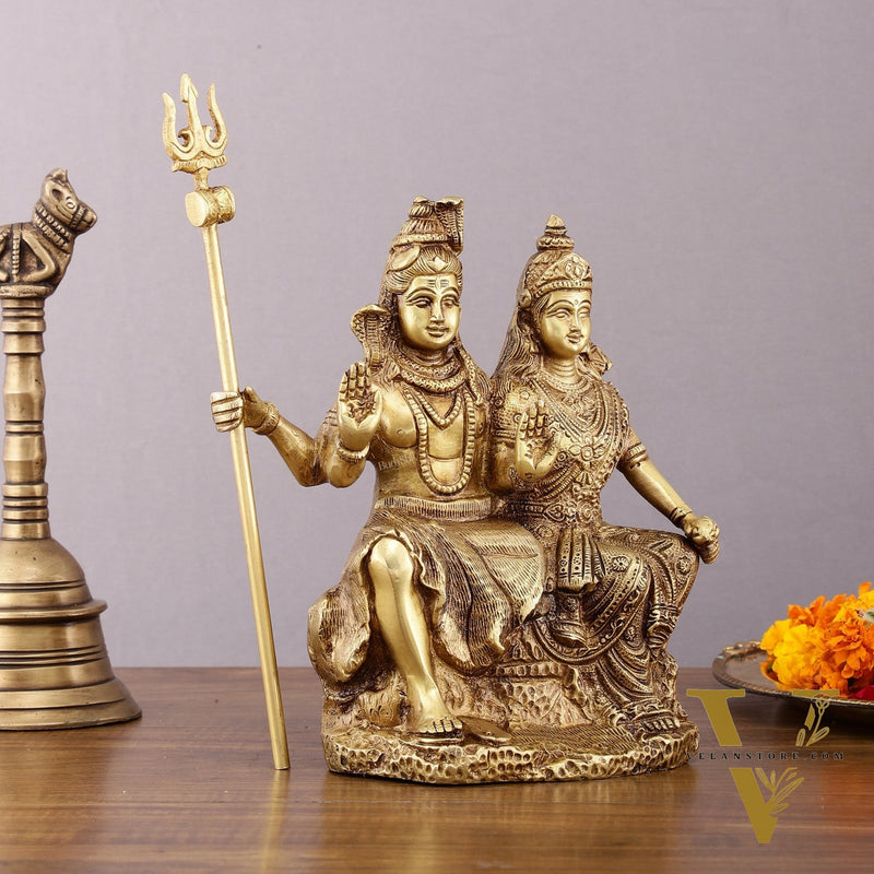 Brass Seated Shiv Parvati Idol – 9 inch matte finish