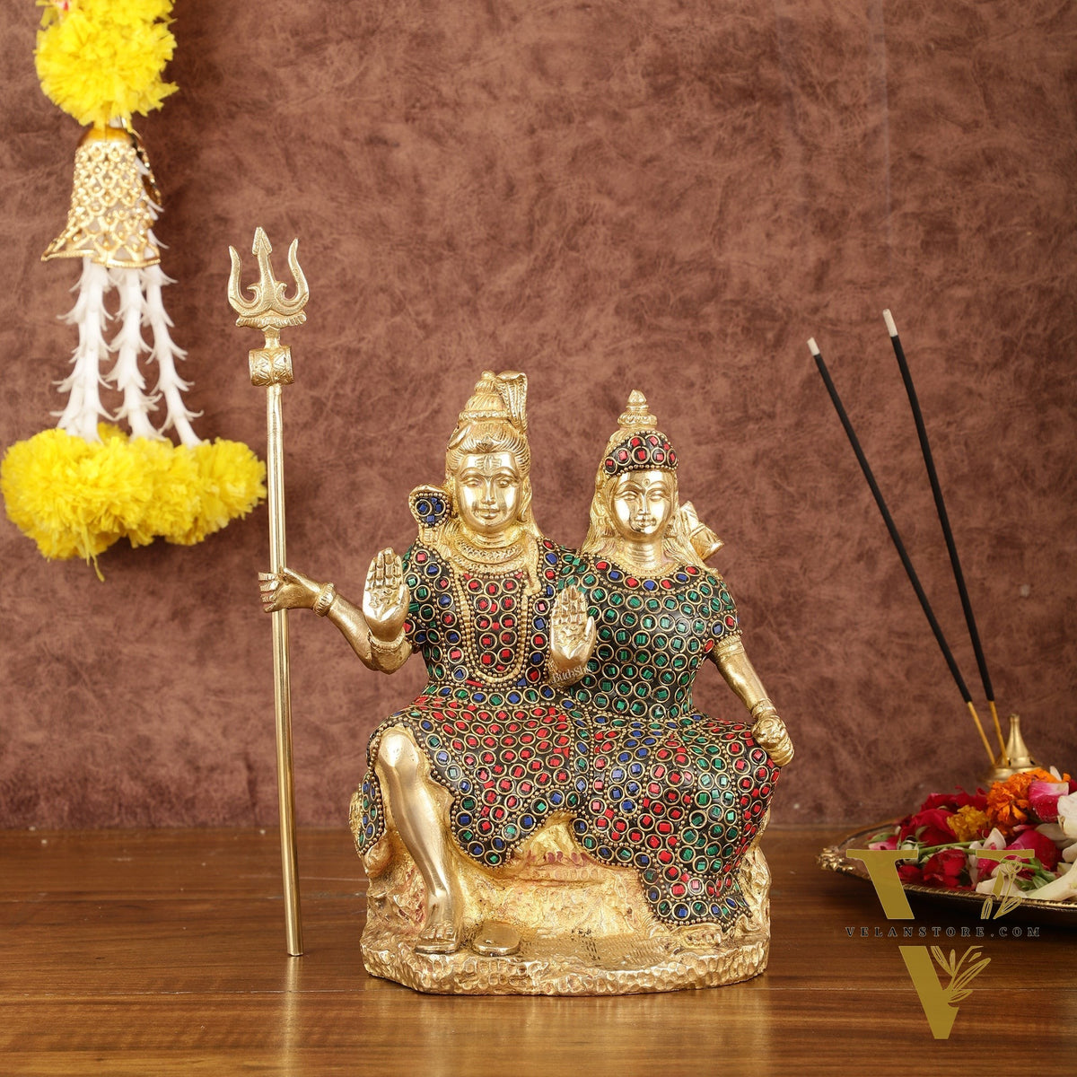 Brass Seated Shiv Parvati Idol with Stonework - 9"