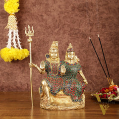 Brass Seated Shiv Parvati Idol with Stonework - 9"