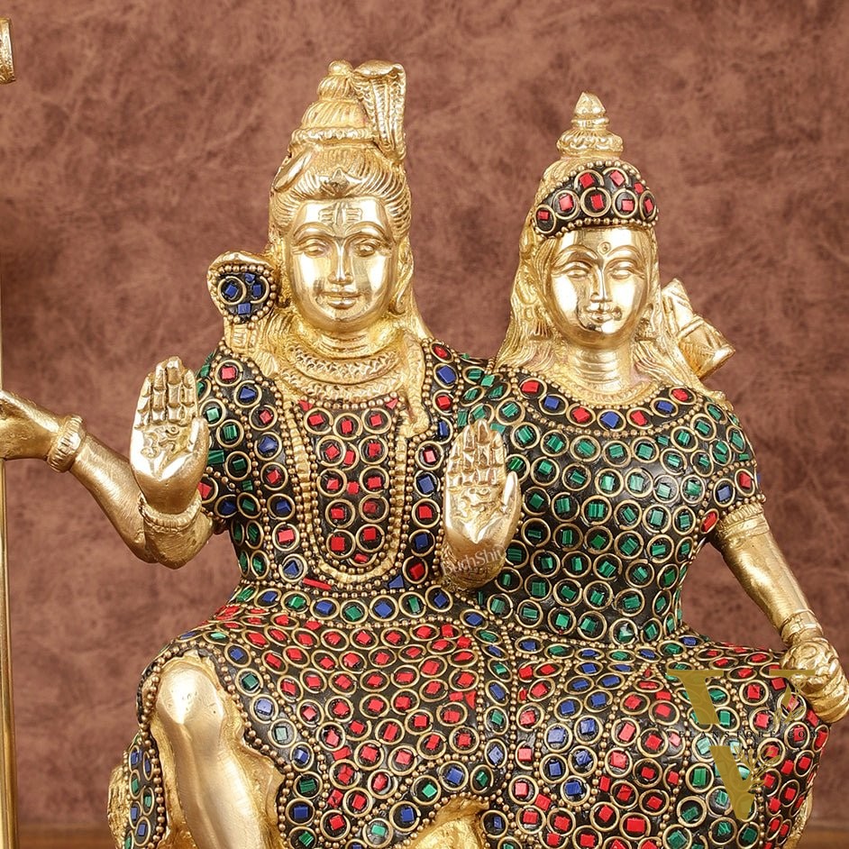 Brass Seated Shiv Parvati Idol with Stonework - 9"