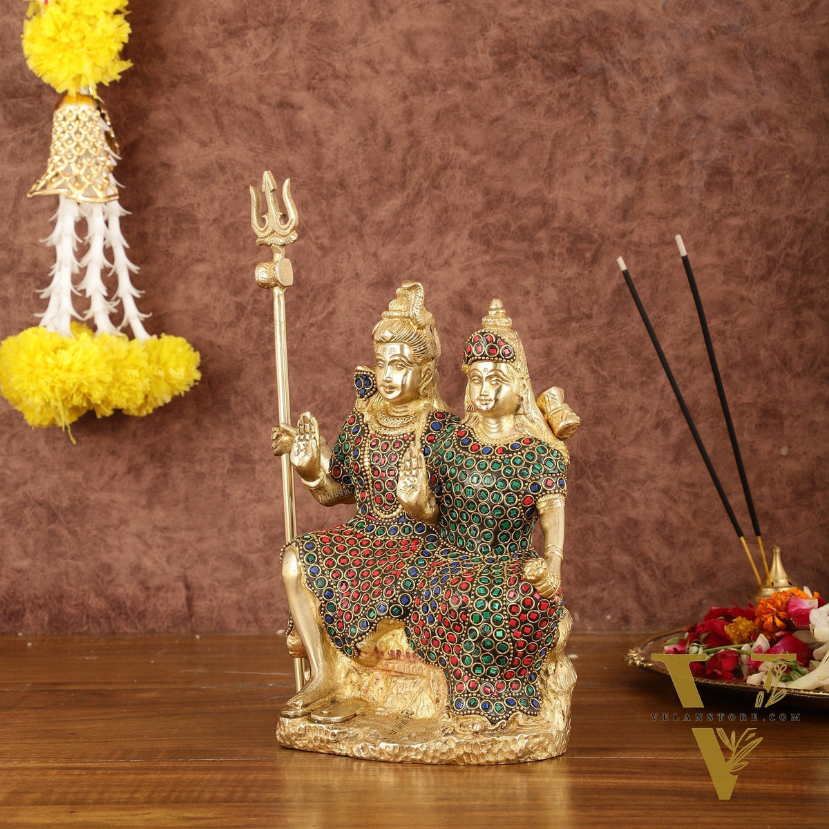 Brass Seated Shiv Parvati Idol with Stonework - 9"