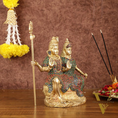 Brass Seated Shiv Parvati Idol with Stonework - 9"