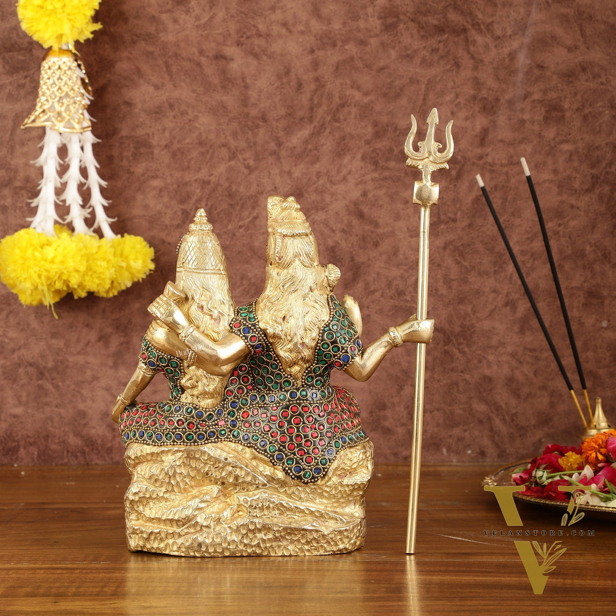Brass Seated Shiv Parvati Idol with Stonework - 9"