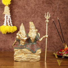 Brass Seated Shiv Parvati Idol with Stonework - 9"