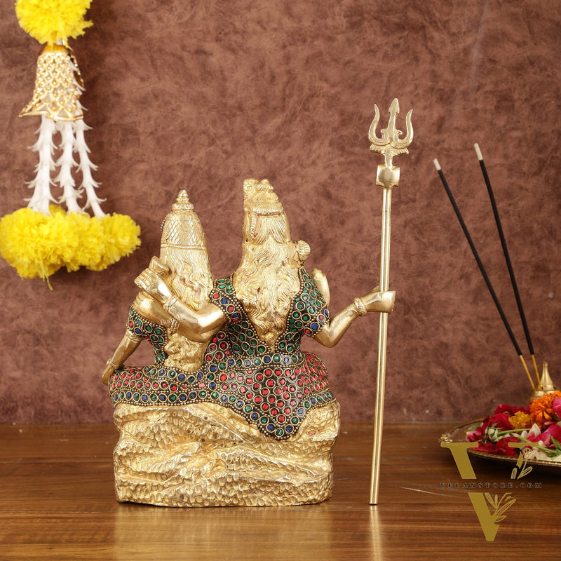 Brass Seated Shiv Parvati Idol with Stonework - 9"