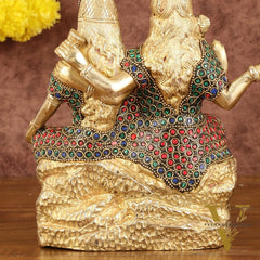 Brass Seated Shiv Parvati Idol with Stonework - 9"