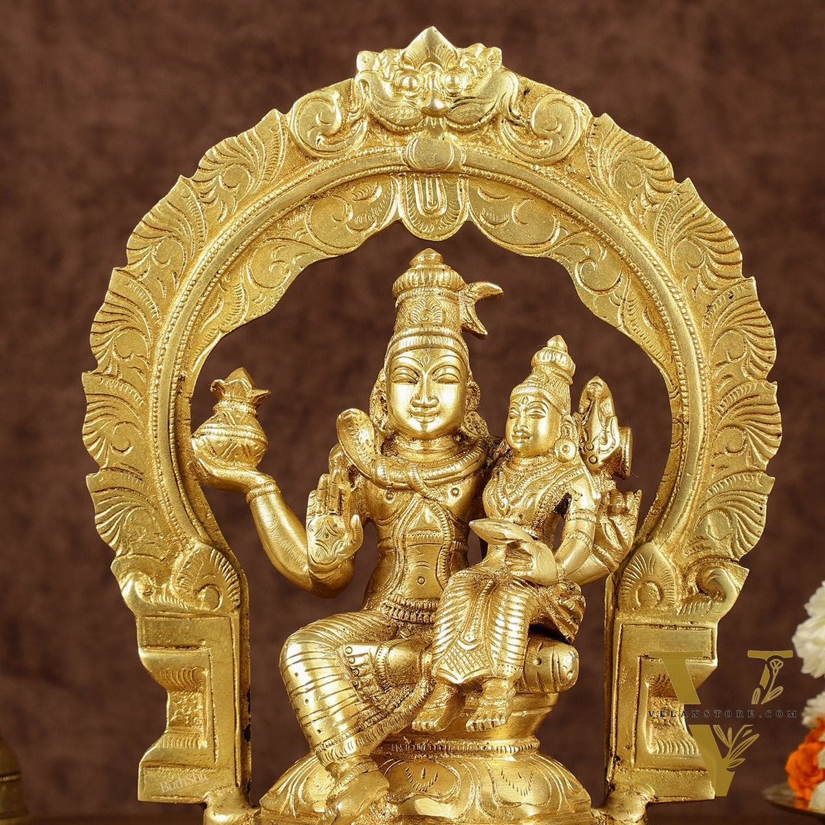 Brass Seated Shiva Parvati Idol with Frame | 10 inch