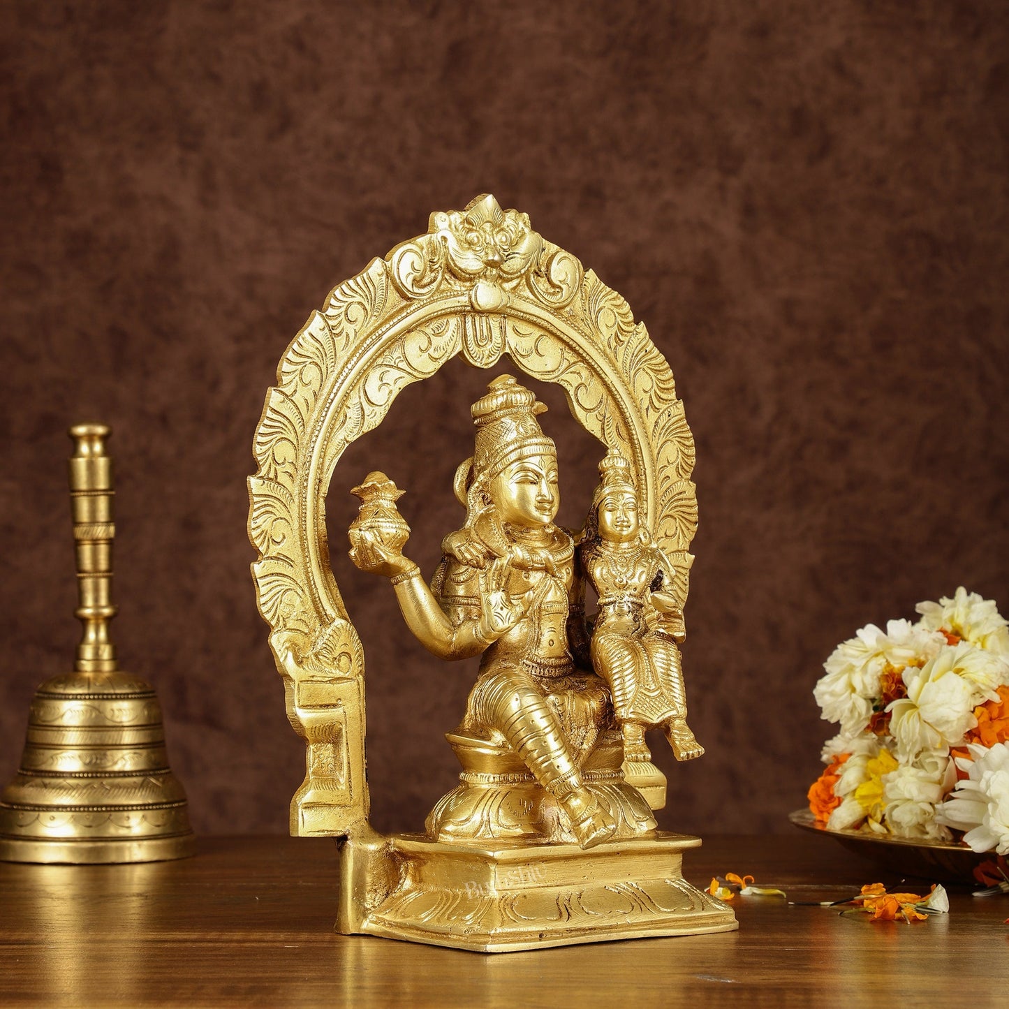 Brass Seated Shiva Parvati Idol with Frame | 10 inch