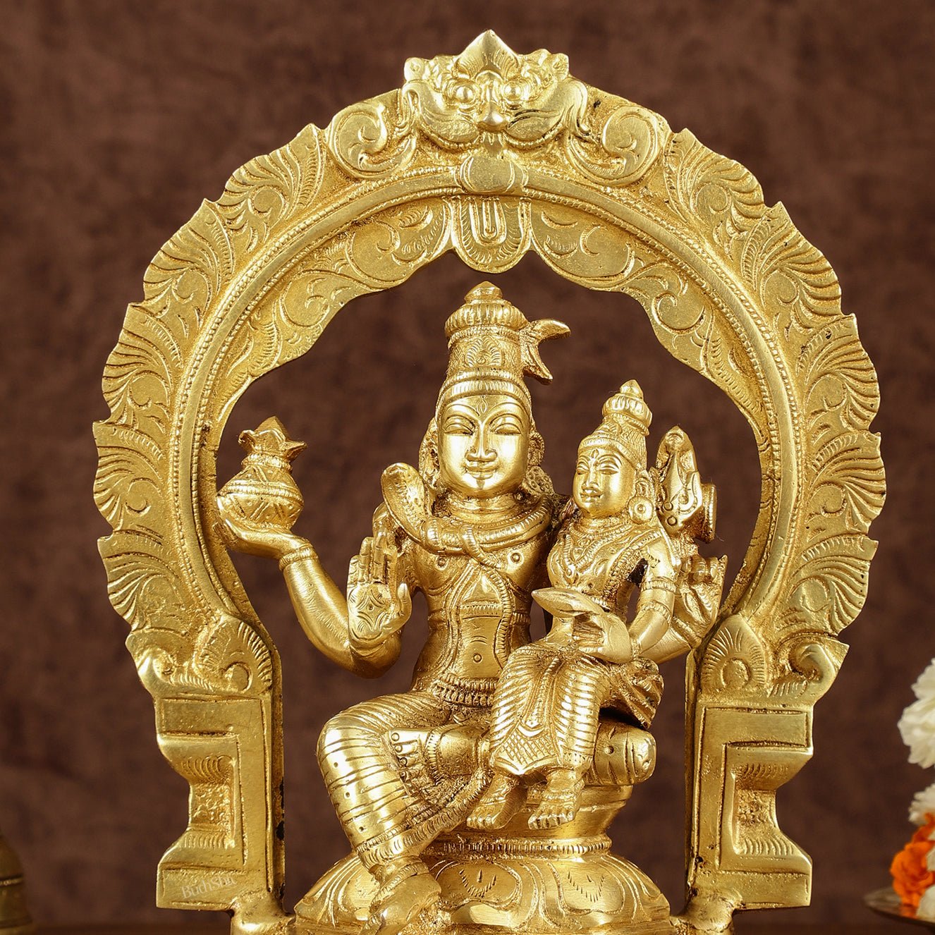 Brass Seated Shiva Parvati Idol with Frame | 10 inch