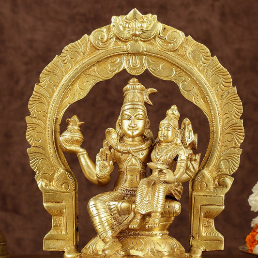 Brass Seated Shiva Parvati Idol with Frame | 10 inch