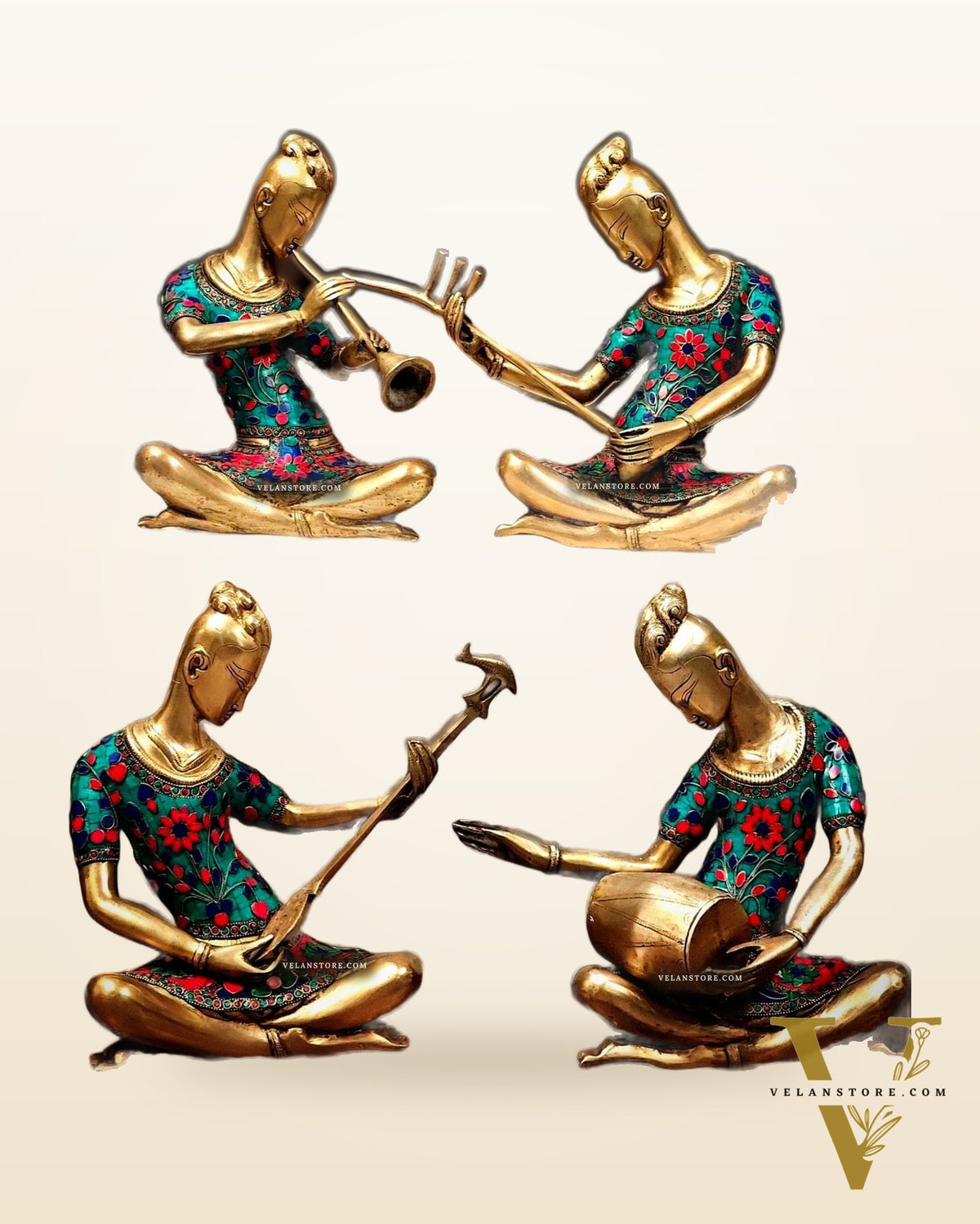 Brass Set of 4 Tansen Musicians with stonework - 13 inch