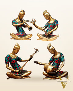 Brass Set of 4 Tansen Musicians with stonework - 13 inch