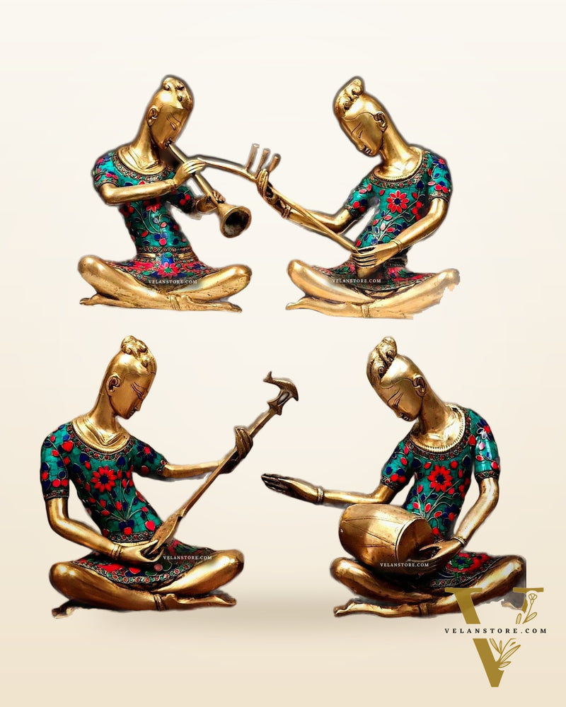 Brass Set of 4 Tansen Musicians with stonework - 13 inch