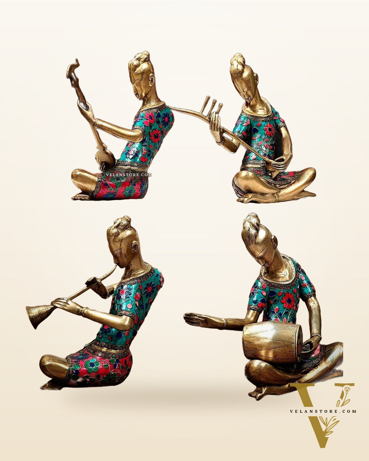 Brass Set of 4 Tansen Musicians with stonework - 13 inch