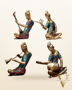 Brass Set of 4 Tansen Musicians with stonework - 13 inch