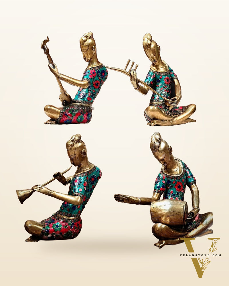 Brass Set of 4 Tansen Musicians with stonework - 13 inch