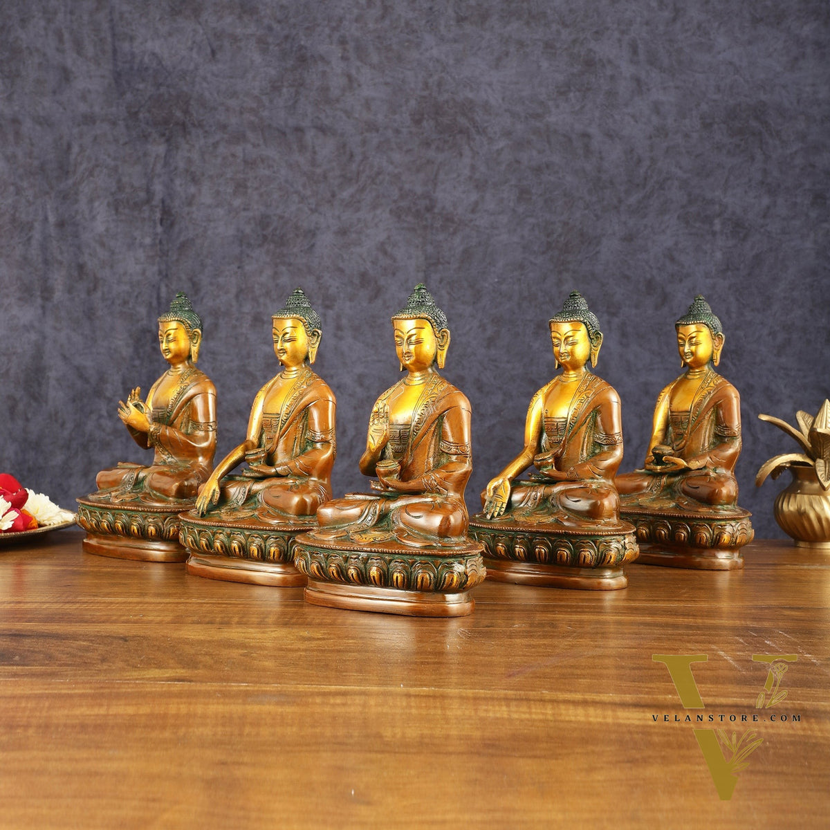 Brass Set of 5 Dhyani Buddha Statues - 8 inch
