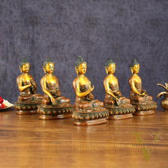 Brass Set of 5 Dhyani Buddha Statues - 8 inch
