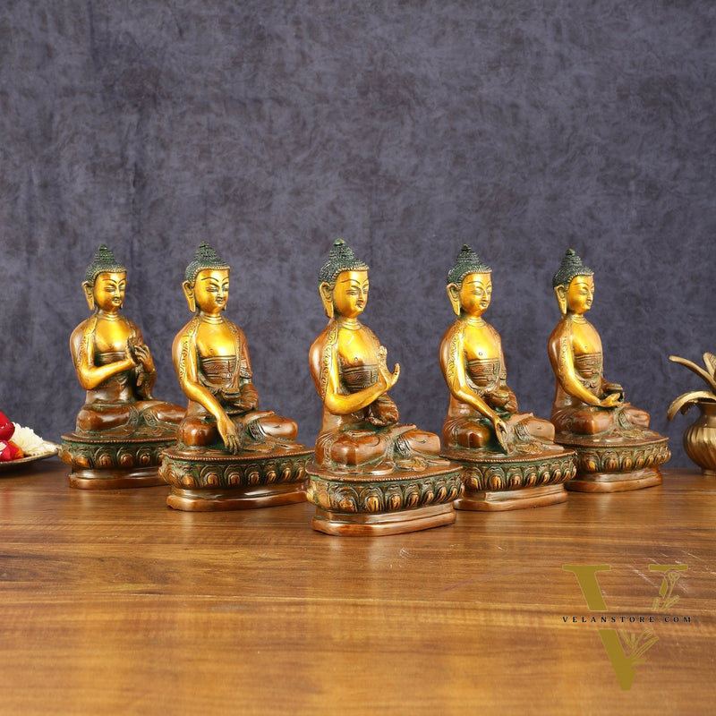 Brass Set of 5 Dhyani Buddha Statues - 8 inch