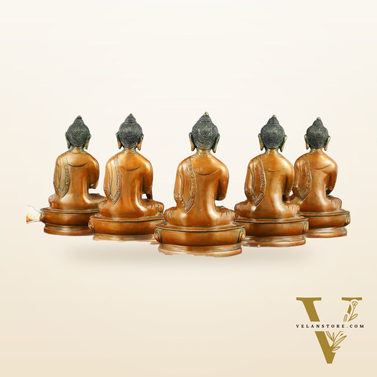 Brass Set of 5 Dhyani Buddha Statues - 8 inch