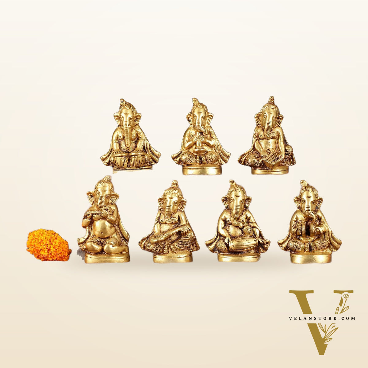 Brass Set of 7 Ganesha Musicians - 3.5 Inch, Perfect Gift