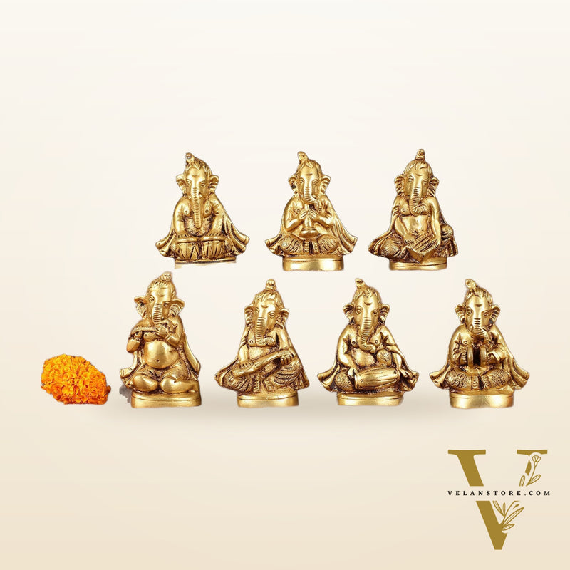 Brass Set of 7 Ganesha Musicians - 3.5 Inch, Perfect Gift