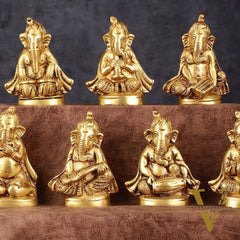 Brass Set of 7 Ganesha Musicians - 3.5 Inch, Perfect Gift