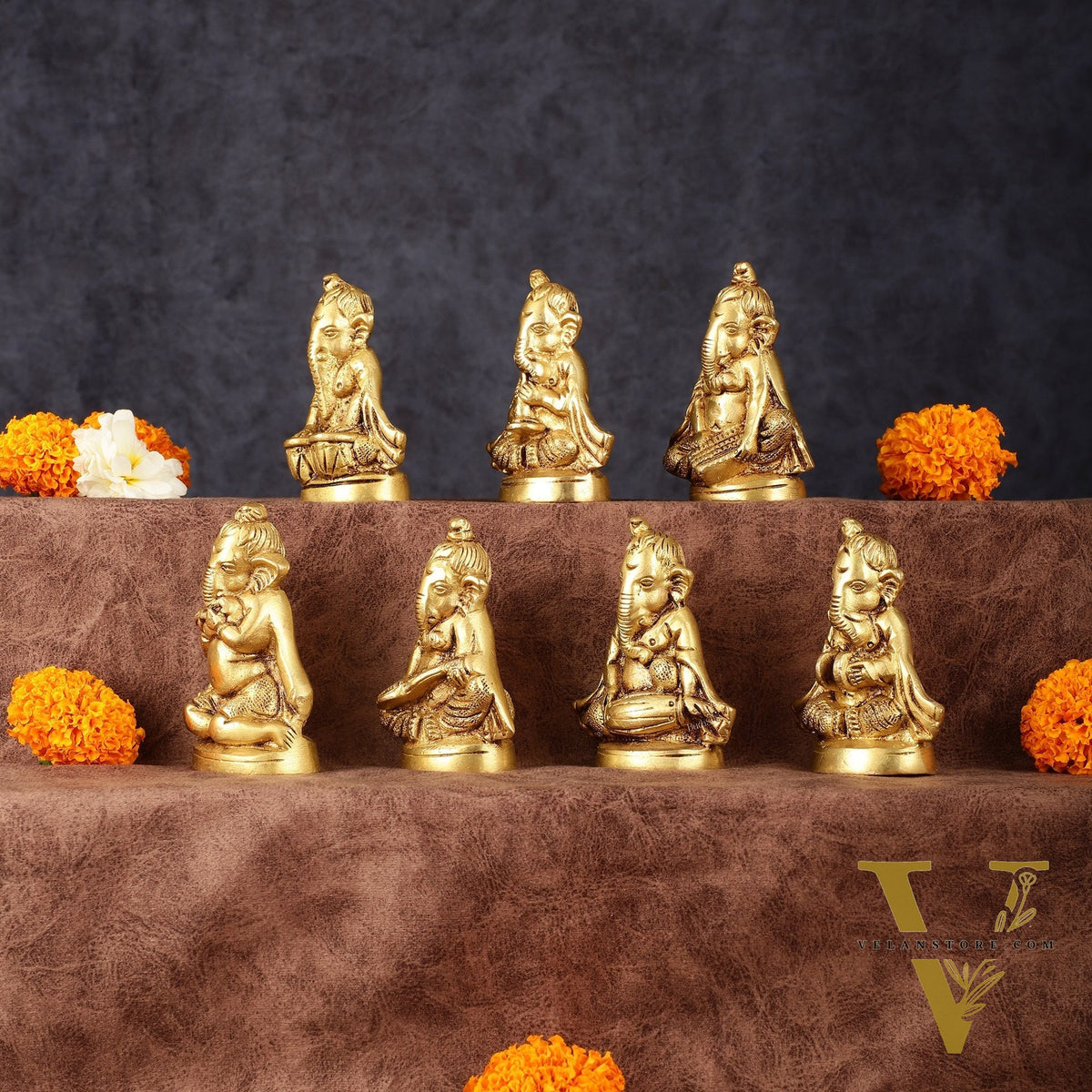 Brass Set of 7 Ganesha Musicians - 3.5 Inch, Perfect Gift