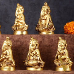 Brass Set of 7 Ganesha Musicians - 3.5 Inch, Perfect Gift