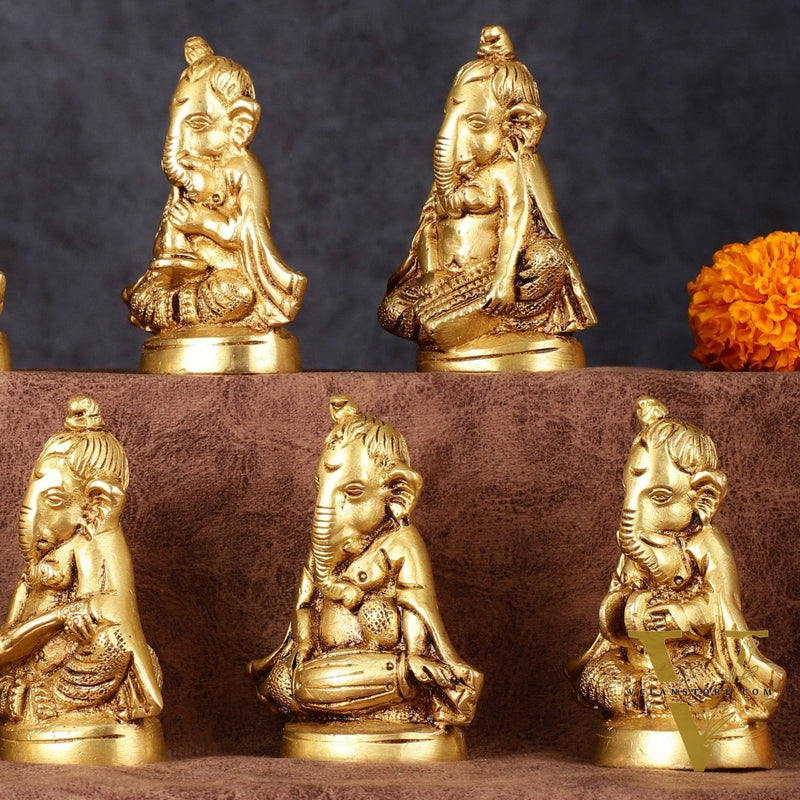Brass Set of 7 Ganesha Musicians - 3.5 Inch, Perfect Gift