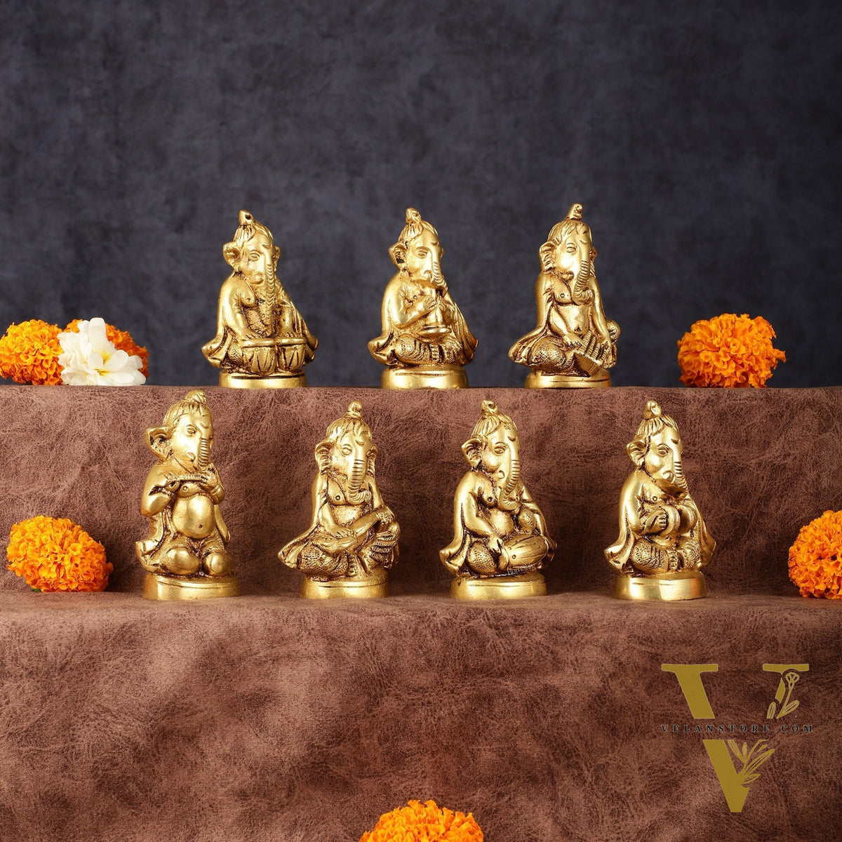 Brass Set of 7 Ganesha Musicians - 3.5 Inch, Perfect Gift