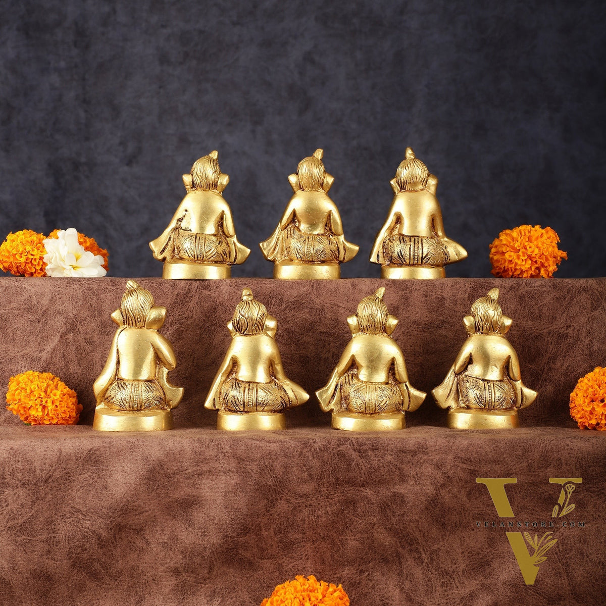 Brass Set of 7 Ganesha Musicians - 3.5 Inch, Perfect Gift
