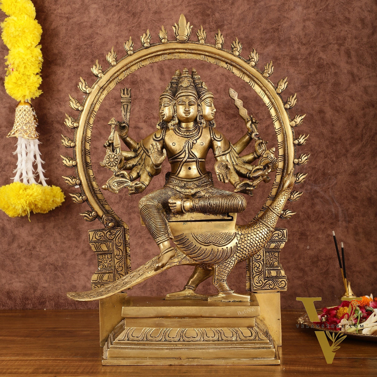 Brass Shanamurugan 6-Face Kartikeya Statue on Peacock with Prabhaval - 17"