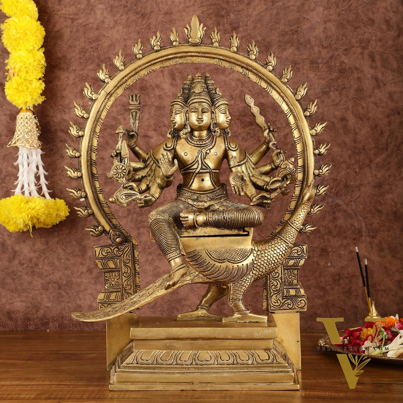 Brass Shanamurugan 6-Face Kartikeya Statue on Peacock with Prabhaval - 17"