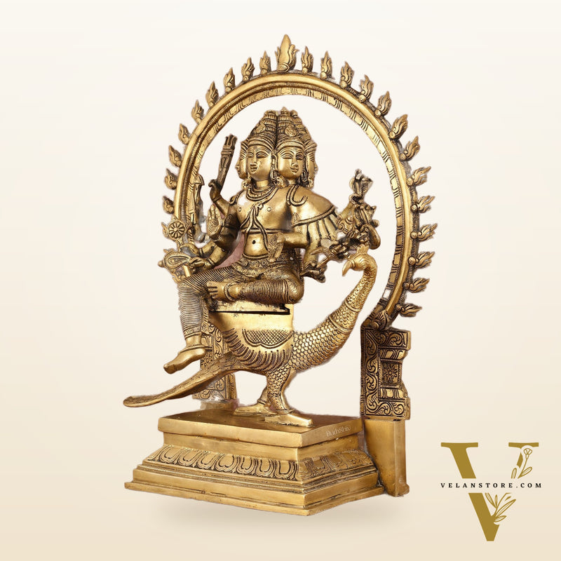 Brass Shanamurugan 6-Face Kartikeya Statue on Peacock with Prabhaval - 17"
