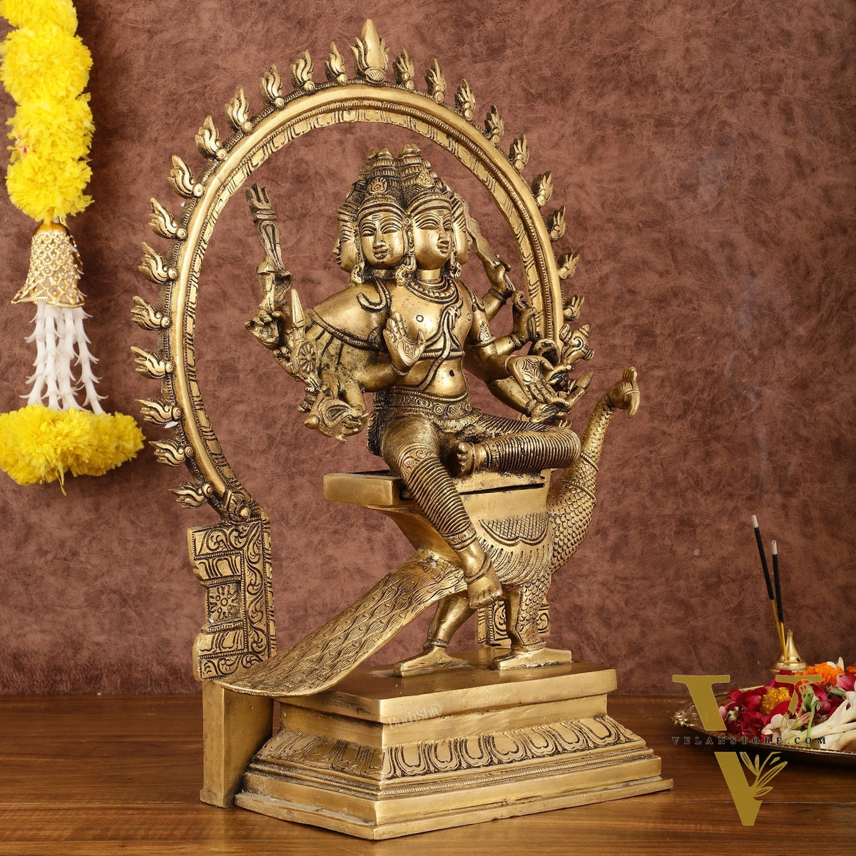 Brass Shanamurugan 6-Face Kartikeya Statue on Peacock with Prabhaval - 17"