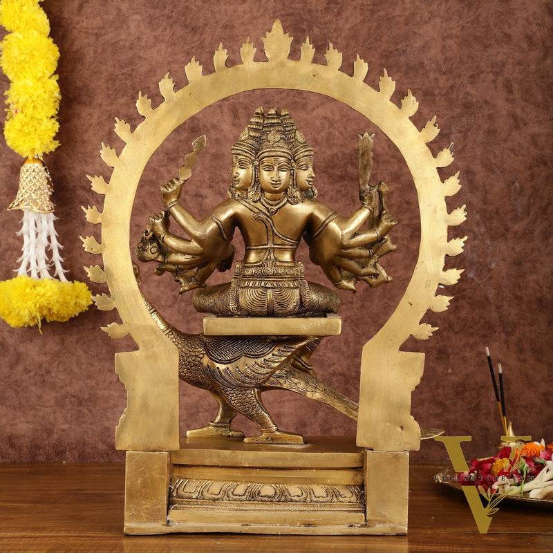 Brass Shanamurugan 6-Face Kartikeya Statue on Peacock with Prabhaval - 17"