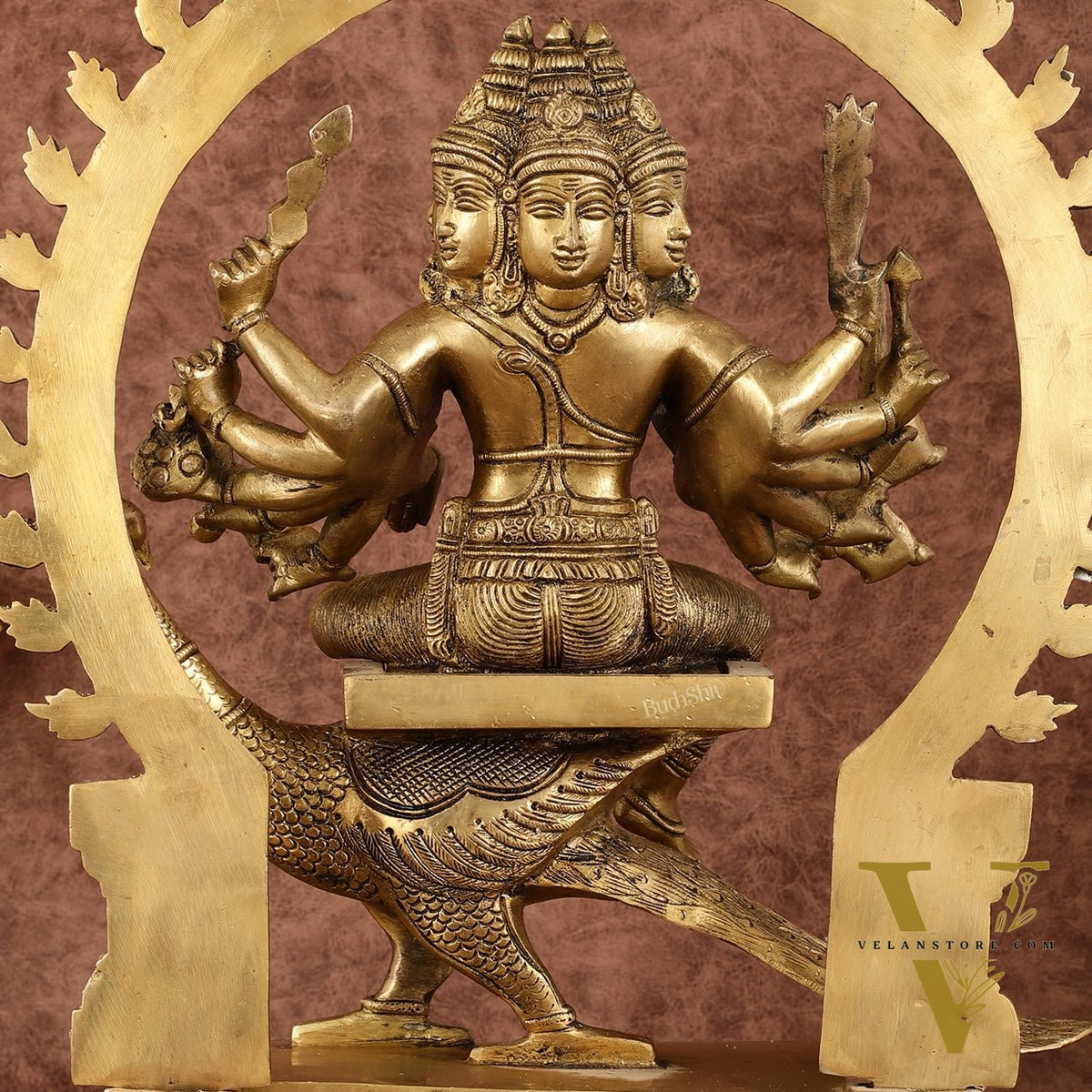 Brass Shanamurugan 6-Face Kartikeya Statue on Peacock with Prabhaval - 17"