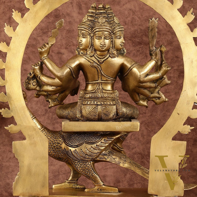 Brass Shanamurugan 6-Face Kartikeya Statue on Peacock with Prabhaval - 17"