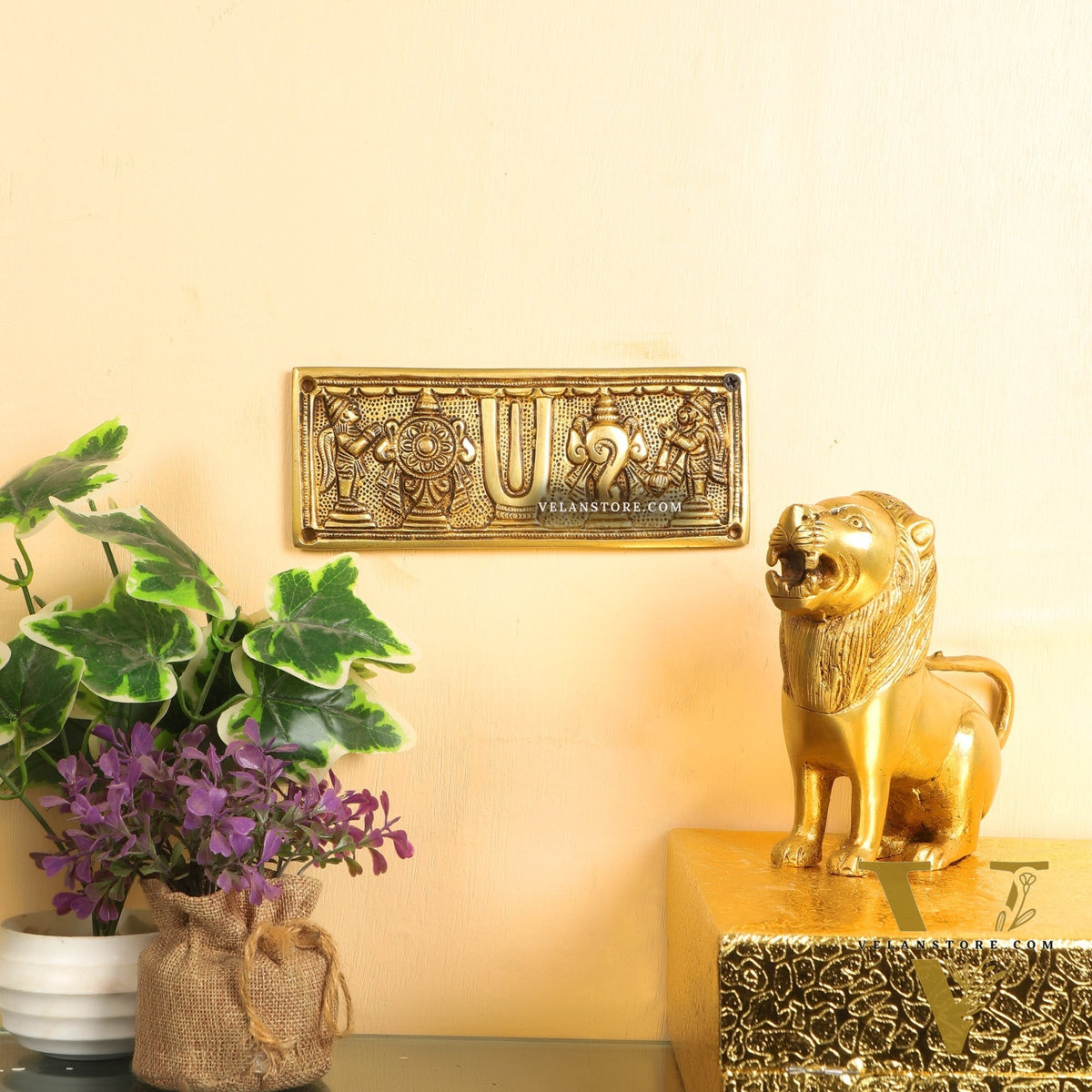 Brass Shank Chakra Namah Wall hanging with Hanuman and Garuda gold