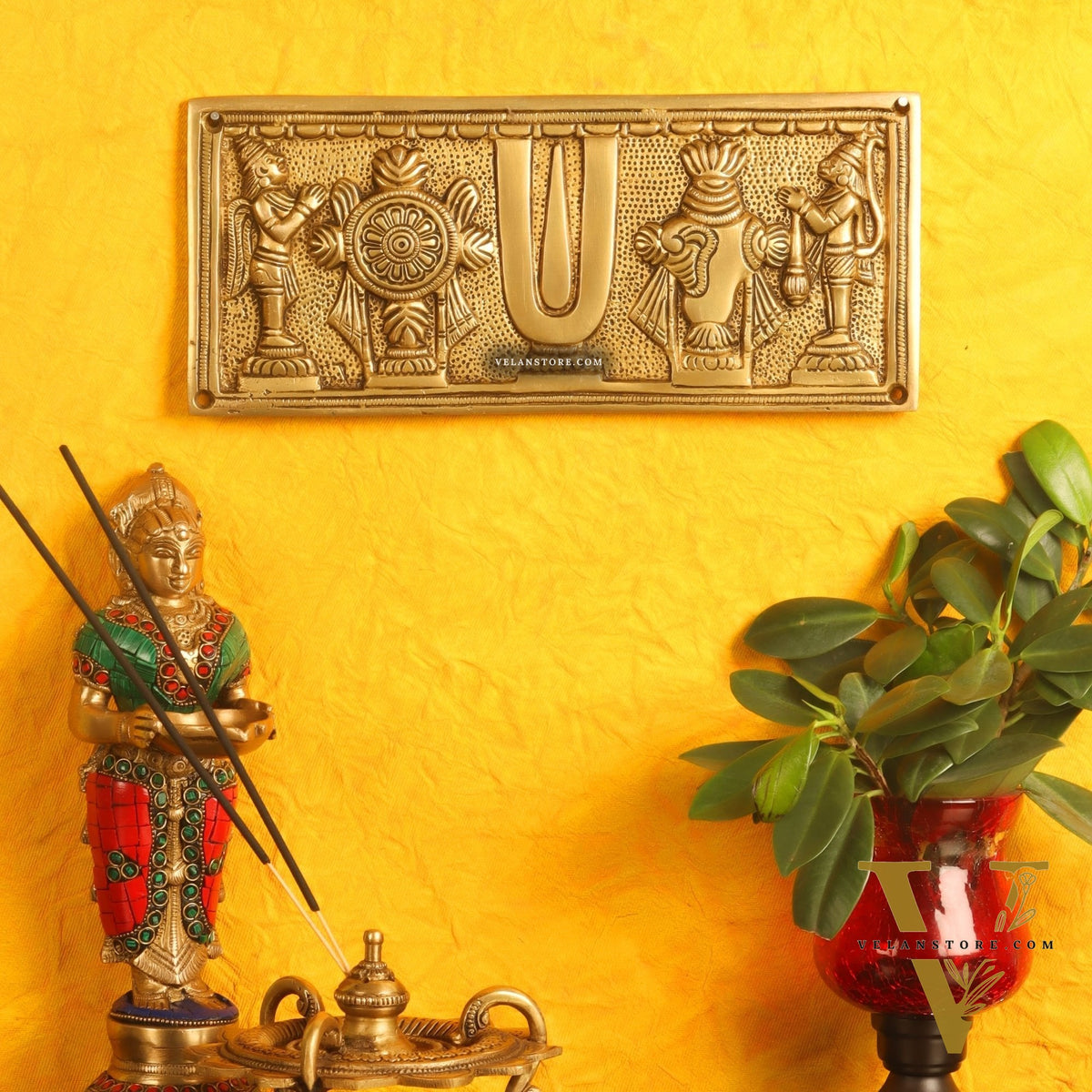 Brass Shank Chakra Namah Wall hanging with Hanuman and Garuda 10" Golden