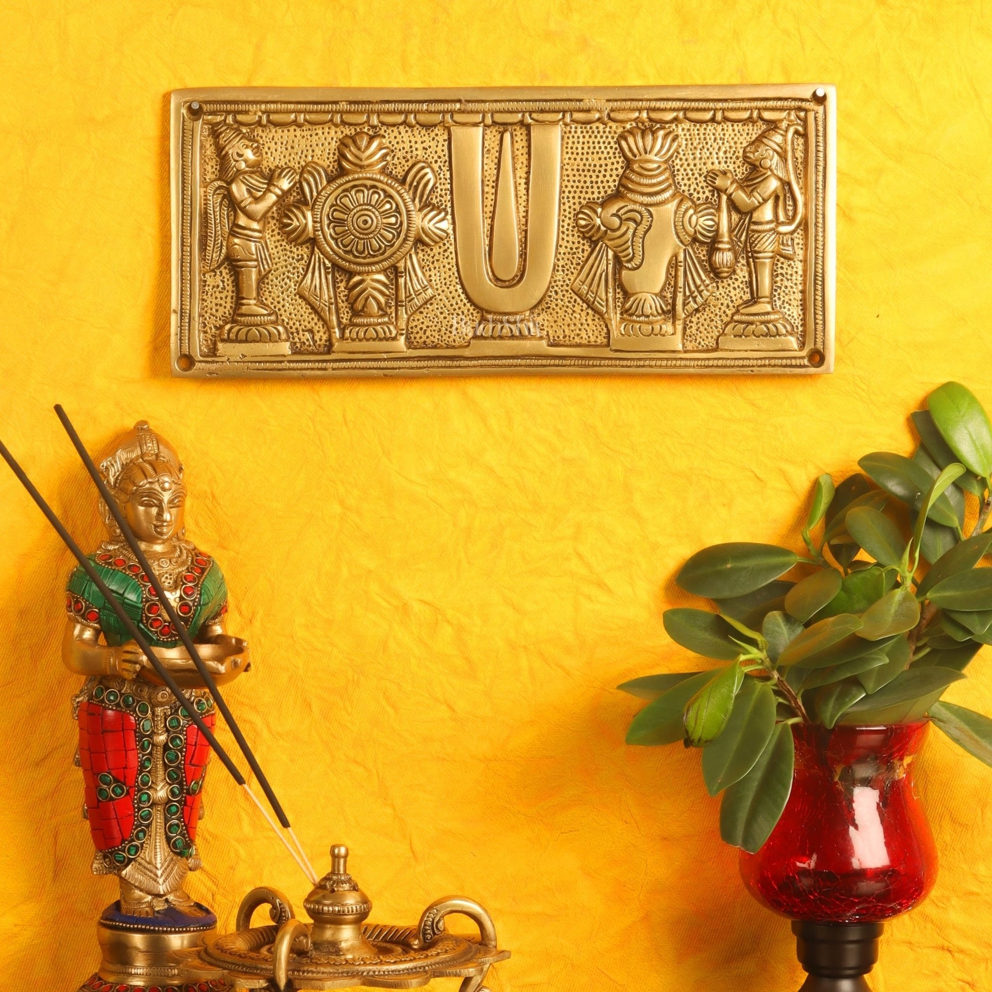 Brass Shank Chakra Namah Wall hanging with Hanuman and Garuda 10" Golden