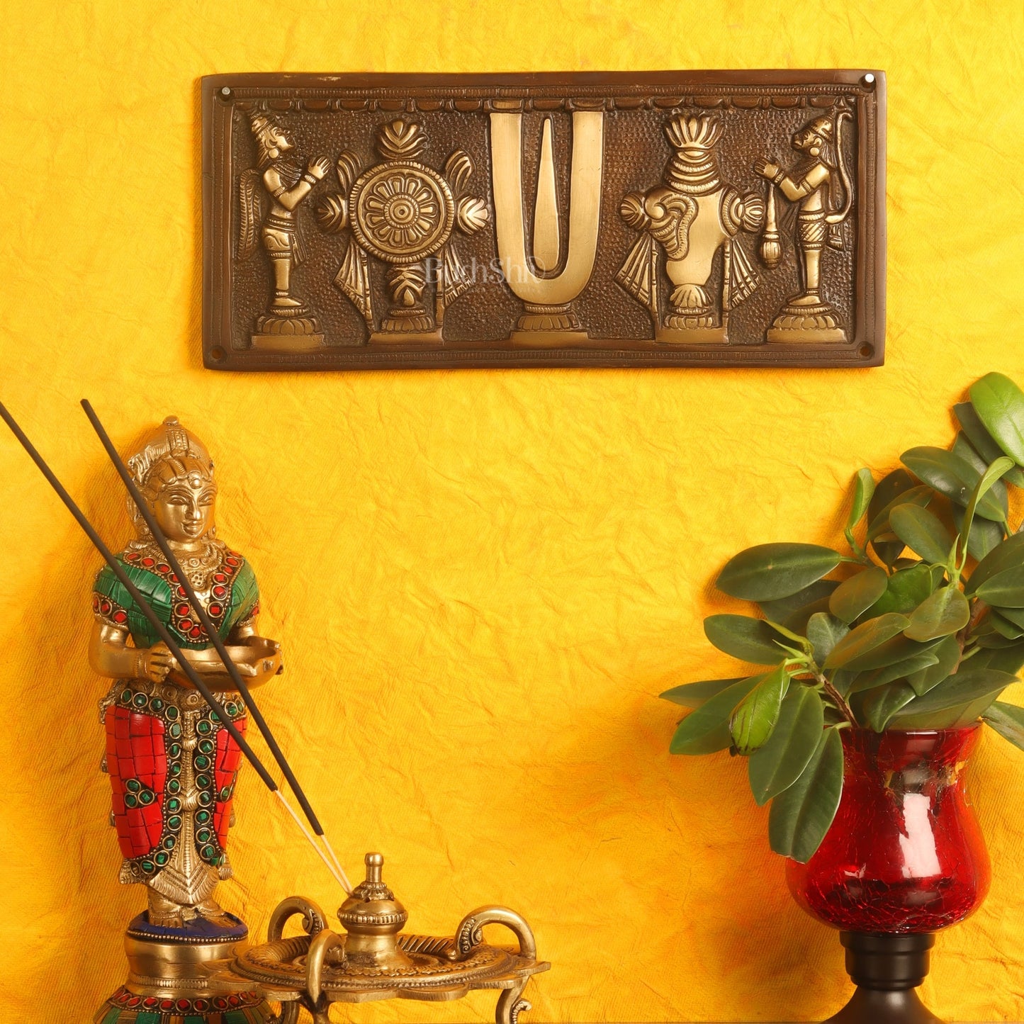 Brass Shank Chakra Namah Wall hanging with Hanuman and Garuda 10"