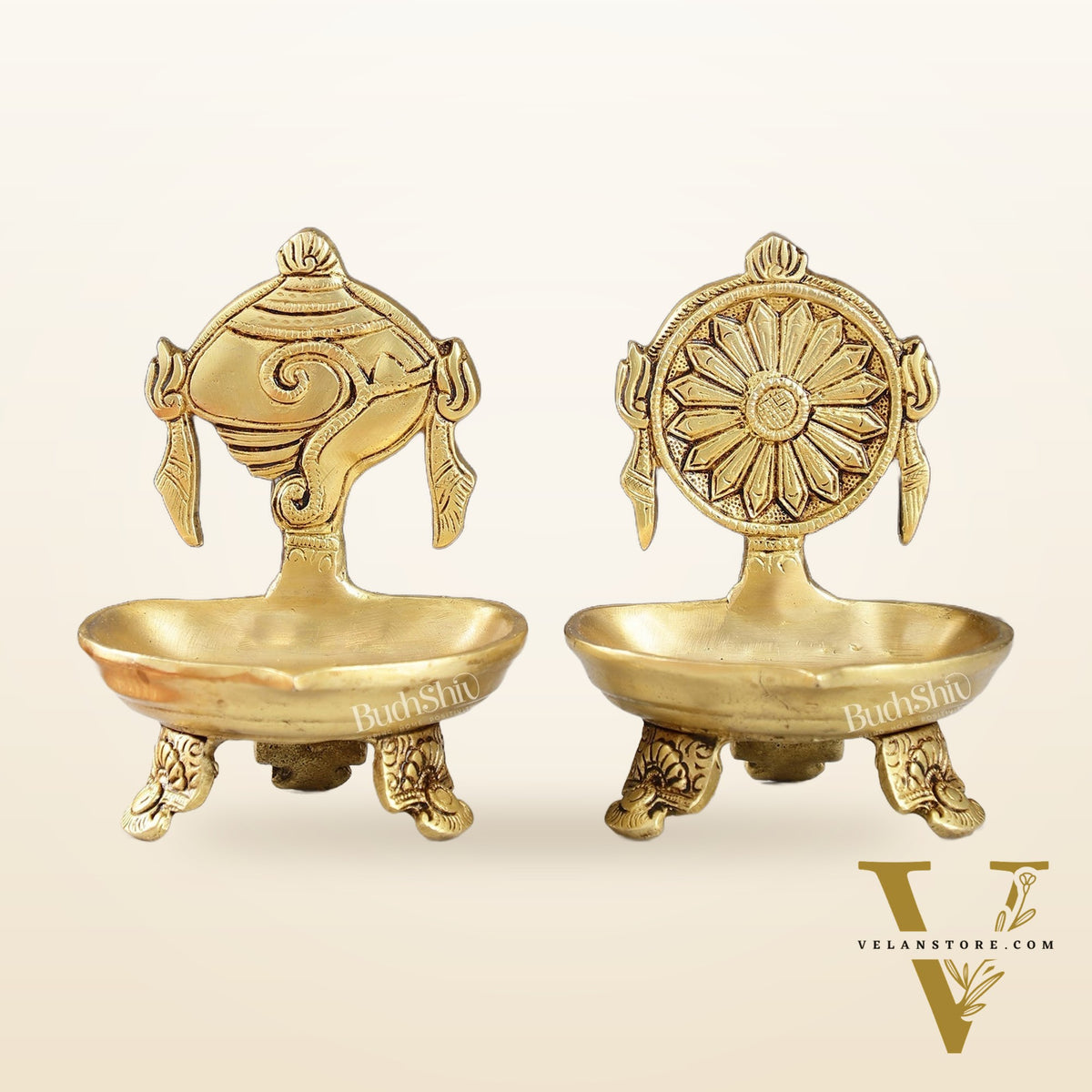 Brass Shankh and Chakra oil lamps 5 inch
