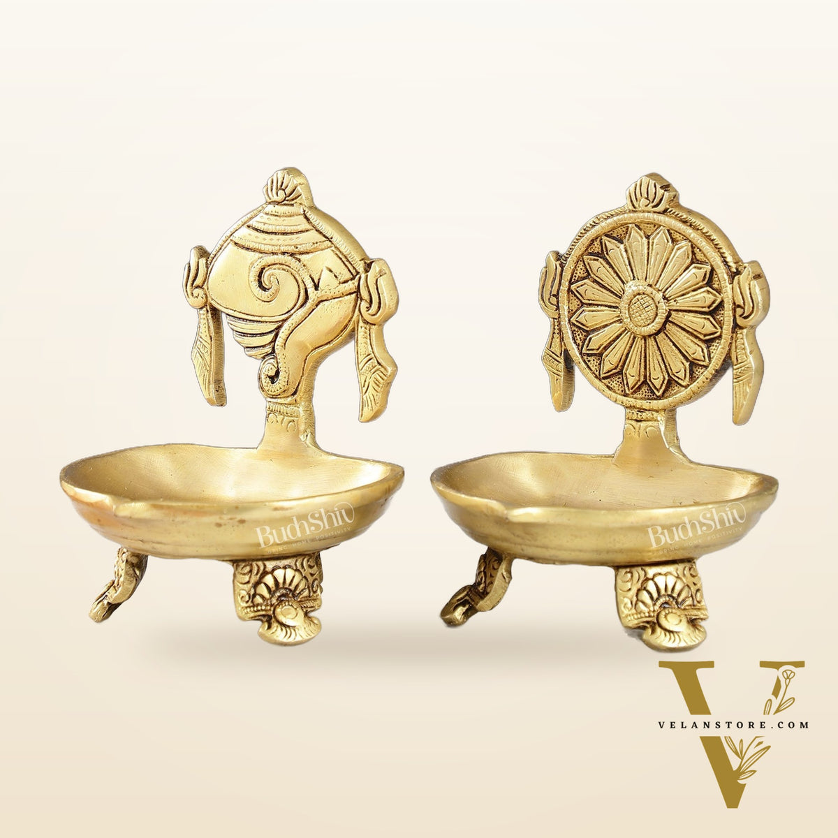 Brass Shankh and Chakra oil lamps 5 inch